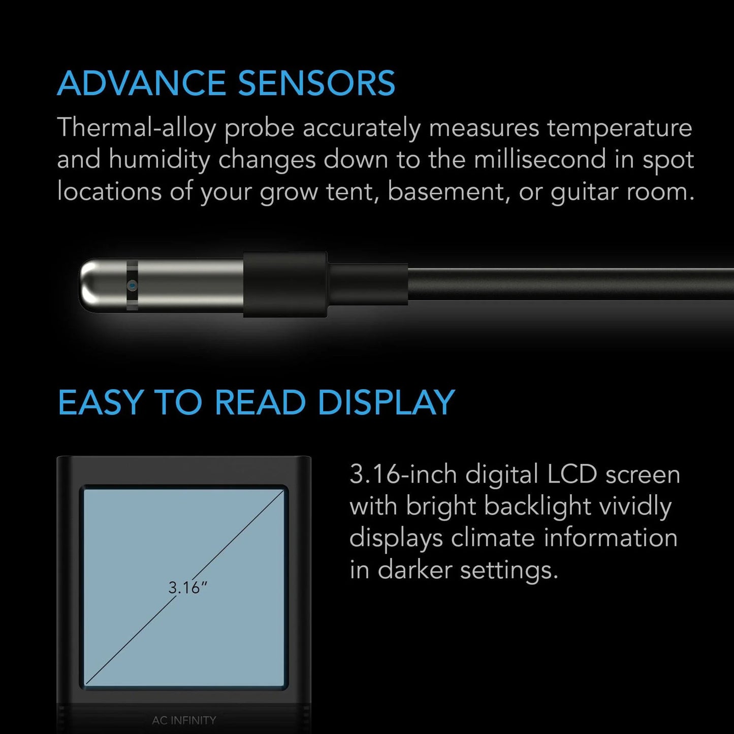 AC Infinity - Cloudcom B1, Smart Thermo-Hygrometer With Data APP, 12 Ft Sensor Probe