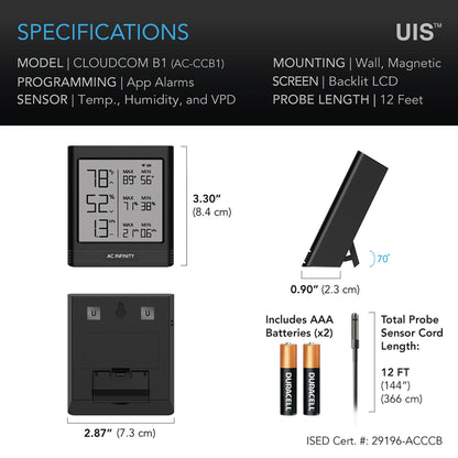 AC Infinity - Cloudcom B1, Smart Thermo-Hygrometer With Data APP, 12 Ft Sensor Probe