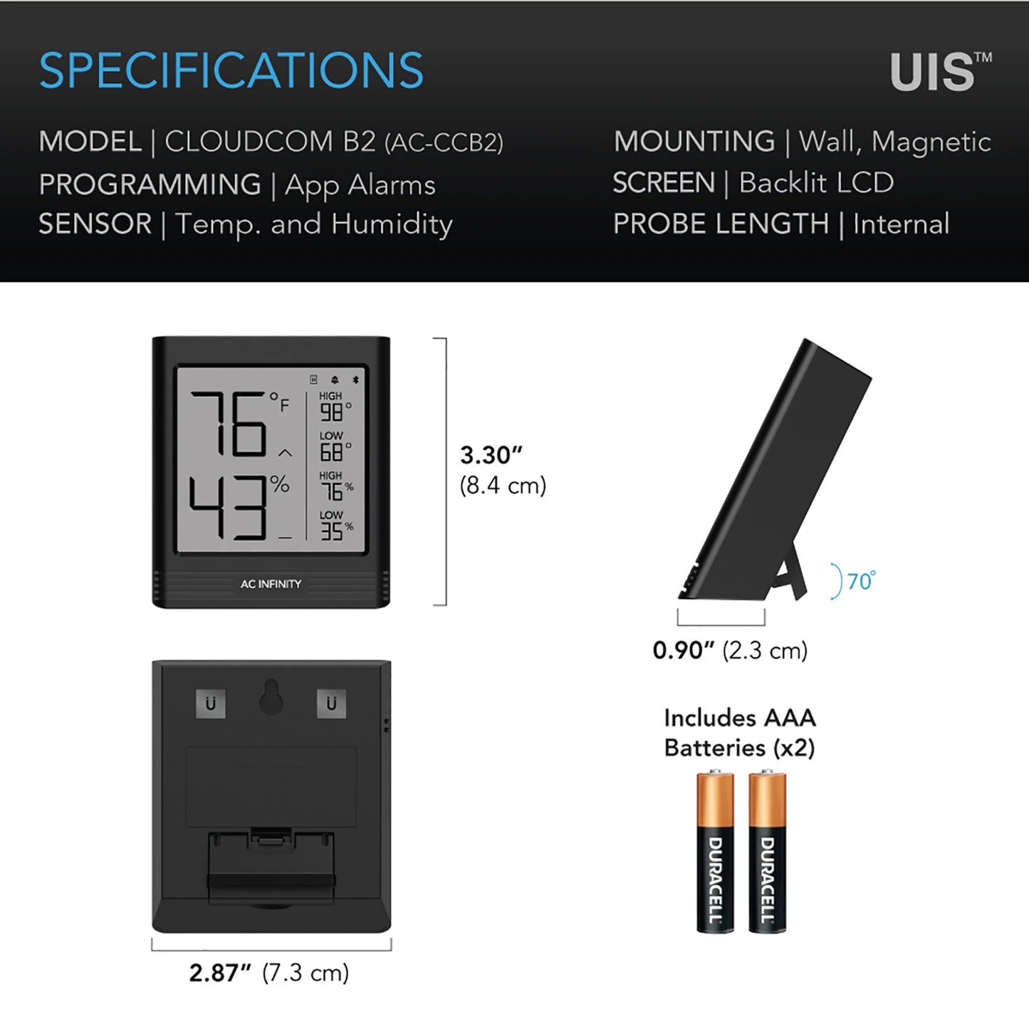 AC Infinity - Cloudcom B2, Smart Thermo-Hygrometer With Data APP, Integrated Sensor Probe