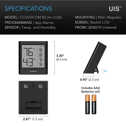 AC Infinity - Cloudcom B2, Smart Thermo-Hygrometer With Data APP, Integrated Sensor Probe