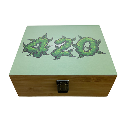 Printed Wooden Storage Box with Grinder Tray and Jar – 17x19x7cm Ultimate Package