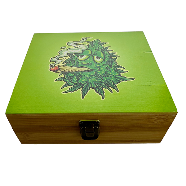 Printed Wooden Storage Box with Grinder Tray and Jar – 17x19x7cm Ultimate Package