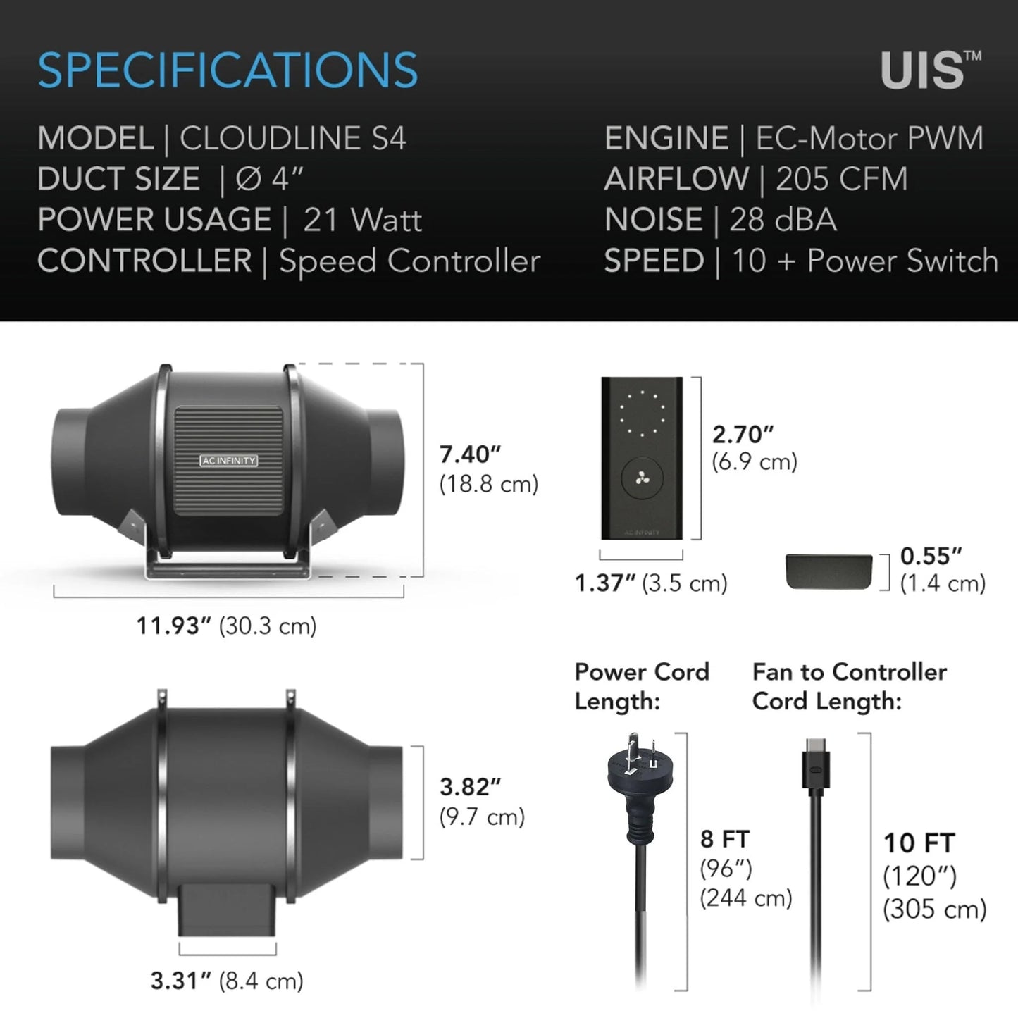 ***SPECIAL ORDER*** Cloudline Pro S4, AC Infinity, Quiet Inline Duct Fan With Speed Controller, 4 Inch - 100 MM