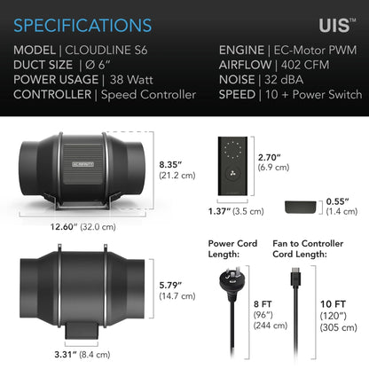 ***SPECIAL ORDER*** Cloudline Pro S8, AC Infintiy, Quiet Inline Duct Fan With Speed Controller, 8 Inch - 200 MM