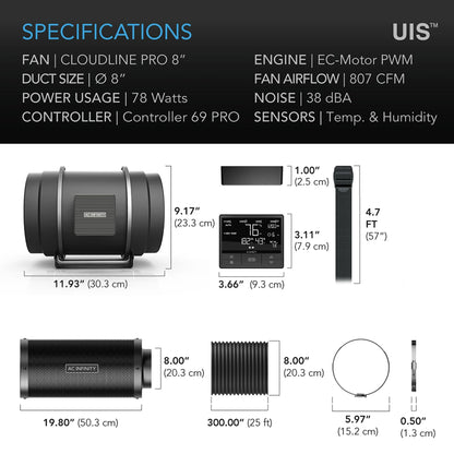 ***SPECIAL ORDER*** T8 Air Filtration Kit Pro 8 Inch - 200 MM, Inline Fan with Controller 69PRO, Carbon Filter and Ducting combo