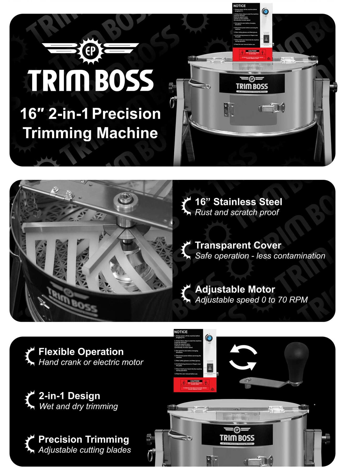 EP TRIM BOSS 16" 2-in-1 Precision Bud Trimming Machine (Wet or Dry)